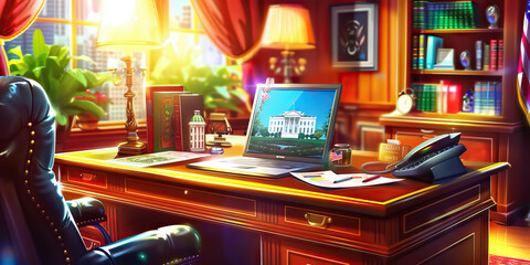 American Governmental Desk: A tidy workspace featuring a laptop, paperwork, and a miniature model of the White House