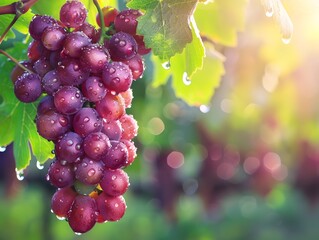 Glistening Grapes on the Vine with Morning Dew in Sunlit Vineyard Concept