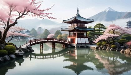 Naklejka premium Peaceful Zen Garden with Traditional Japanese Pavilion and Cherry Blossom Trees
