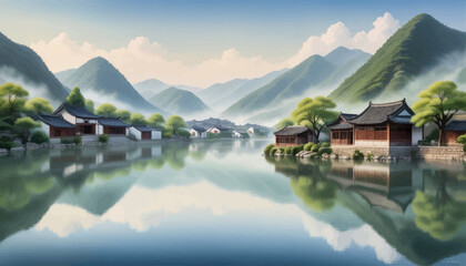 Naklejka premium Peaceful Village Scenery with Traditional Houses and Reflections on Calm Lake
