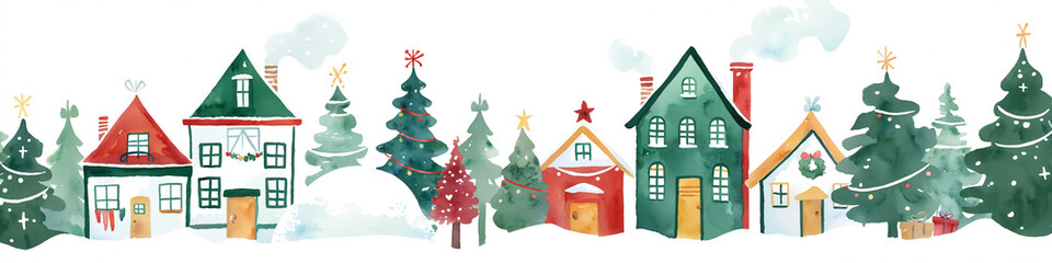 Fototapeta premium Cozy winter villiage scene with houses green, blue and red colors, snow covered roofs, watercolor illustration for children book, greeting card, poster, xmas happy new year background, festive banner