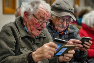 Two elderly men focus intently on their smartphones at a community gathering, showcasing modern technology adoption among seniors. Generative AI