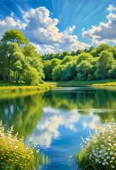 Obraz premium Peaceful Lake Scene with Reflections and Wildflowers
