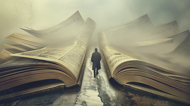 A surreal image of a man walking along a road made of book pages, each page depicting a different stage of his life, with the open book resting on a stand at the beginning of the path.