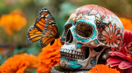 Naklejka premium skull with a butterfly decorated for the day of the dead Mexico