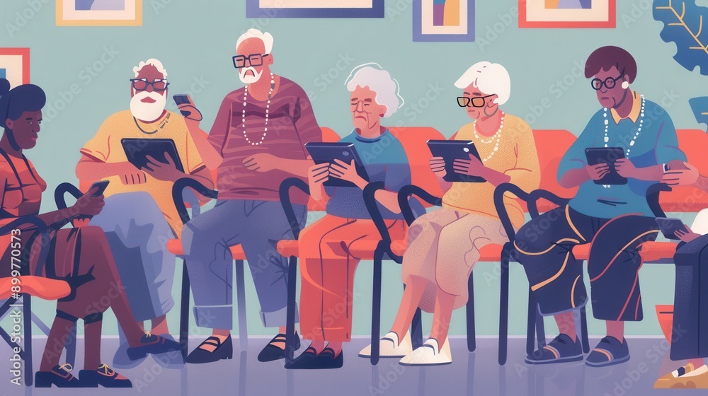 Poster a group of elderly individuals using tablets while seated together in a brightly colored waiting are