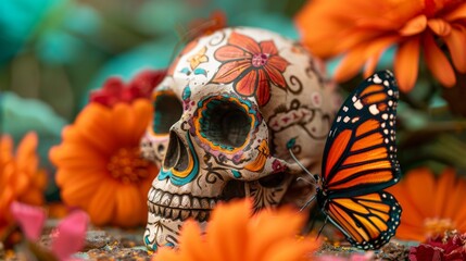 Fototapeta premium skull with a butterfly decorated for the day of the dead Mexico