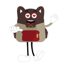Backpack mascot cartoon Back to school and have fun. Character doodle illustration of walking school bag character design of a school bag