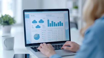 A business professional analyzing cloud data on a laptop screen displaying charts, graphs, and cloud icons, representing data analytics, cloud computing, and business intelligence in a modern office.