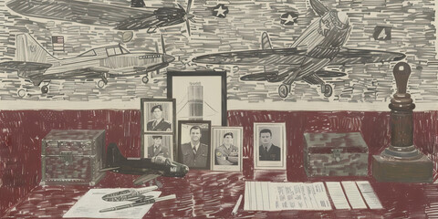 Fototapeta premium Air Force Colonel's Desk: An orderly and professional desk adorned with photos of aircraft, models of jets, and military medals