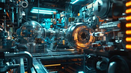 A high-tech industrial environment featuring intricate machinery and glowing lights. The scene showcases advanced technology with a sci-fi aesthetic, highlighting the complexity and futuristic design