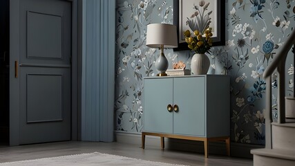 A light blue three door cabinet standing under gray staircase against a wall with flower wallpaper in a hall interior. Real photo.