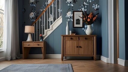 Obraz premium A light blue three door cabinet standing under gray staircase against a wall with flower wallpaper in a hall interior. Real photo.