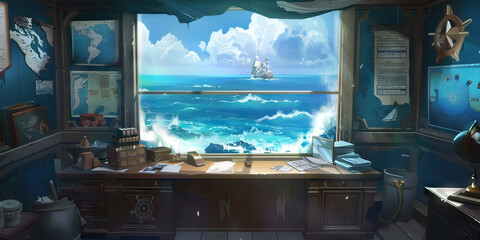 Coast Guard Captain's Desk: An office featuring a large window with a sweeping view of the ocean, nautical maps, and various marine safety equipment