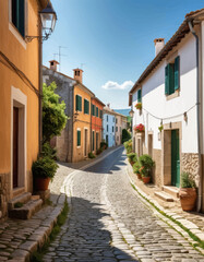 Narrow Cobblestone Street in a European Village