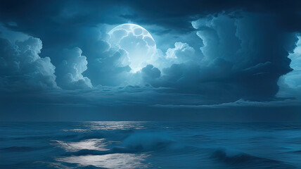 night moonlight over the ocean, clouds and moon, sea,