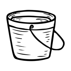 Metal bucket with handle hand drawn in doodle style. Garden tool for carrying water soil or harvesting. Vector line art illustration.