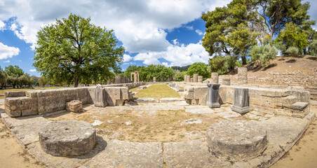 Fototapeta premium Olympia archaeological site with ancient ruins and columns, Greece