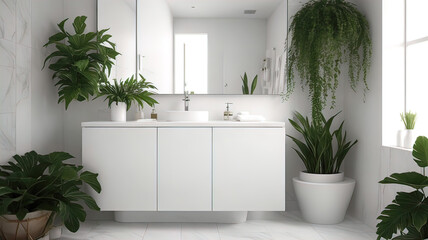 Modern minimalist bathroom interior, bathroom cabinet, white sink, vanity, indoor plants, bathroom accessories, bathtub and shower,