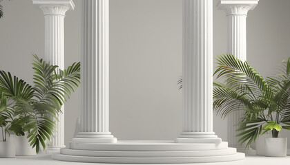 Naklejka premium White Columns and a Circular Platform with Tropical Plants