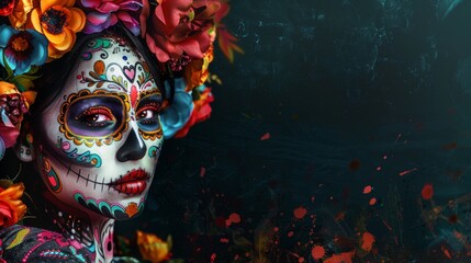 Mexican woman with Day of the Dead makeup, flowers, skull on gray or black background, Mexican holiday