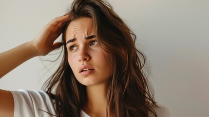 Obraz premium A young woman with long, tousled hair touches her head, her face expressing worry and contemplation. Set against a plain background, her casual white top and natural look enhance the candid mood of