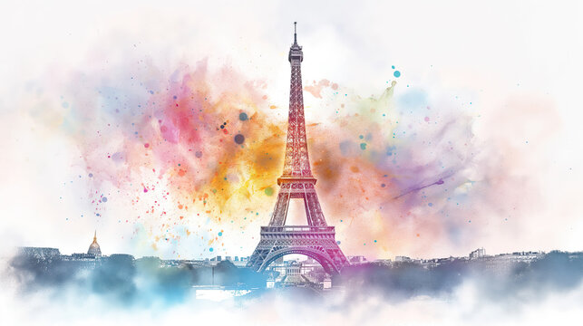 watercolor aquarelle illustration painting of Eiffel Tower on white background