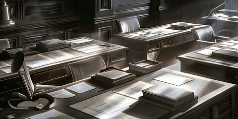 Chief of Staff's Workspace: A functional and organized desk with various files, notes, and communication devices, highlighting the importance of organization and multitasking in a senior political