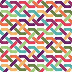 Seamless abstract geometric pattern with multicolored intertwined zigzag lines on a white background. Retro-style design with bright summer colors. 