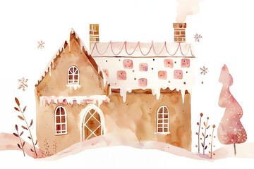 A charming gingerbread house in a snowy landscape, warm orange and red decorated walls, white background, merry christmas and happy new year watercolor illustration, greeting postcard, poster