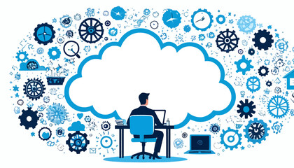 Innovative Thinker: A Man in a Blue Suit Surrounded by Technological Gears and Clouds