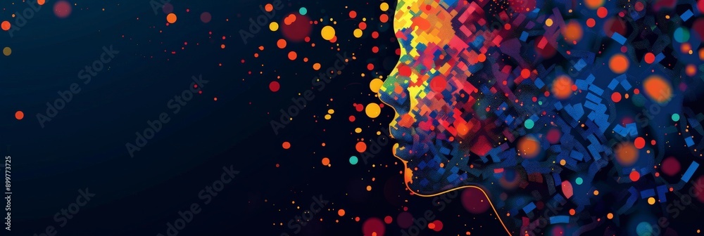 Poster abstract digital face with splashes of vibrant colors on a dark background. highlights futuristic te