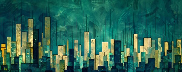 Abstract stock bars and charts in teal, cyan, green, blue, cinematic