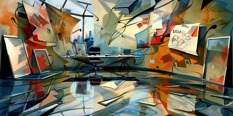 Political Strategist's Think Tank: A thoughtful and creative workspace, with whiteboards, sticky notes, and various research materials, showcasing the strategic thinking and planning