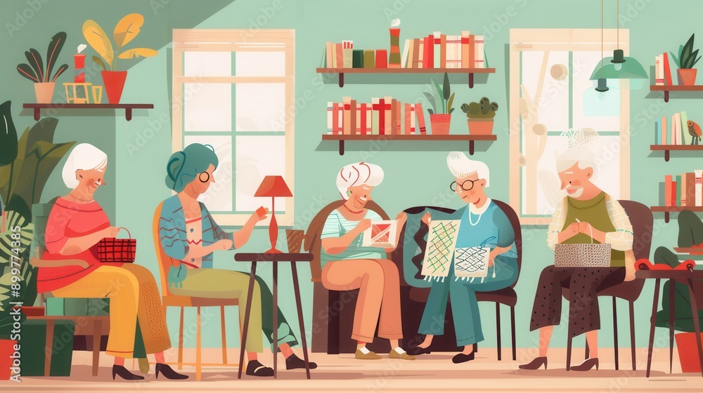 Poster a group of elderly people focuses on knitting and sewing, sharing skills and enjoying each other's c