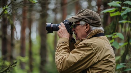 Elderly man photographing wildlife in a forest, retirement hobby, nature photography
