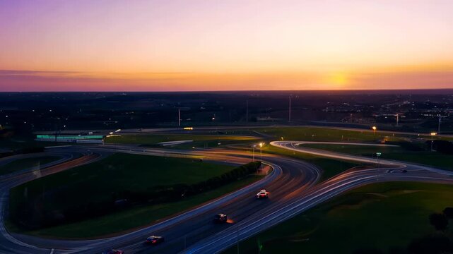 Aerial view of a vast, multi-lane highway stretching into the horizon, surrounded by greenery and a few scattered buildings