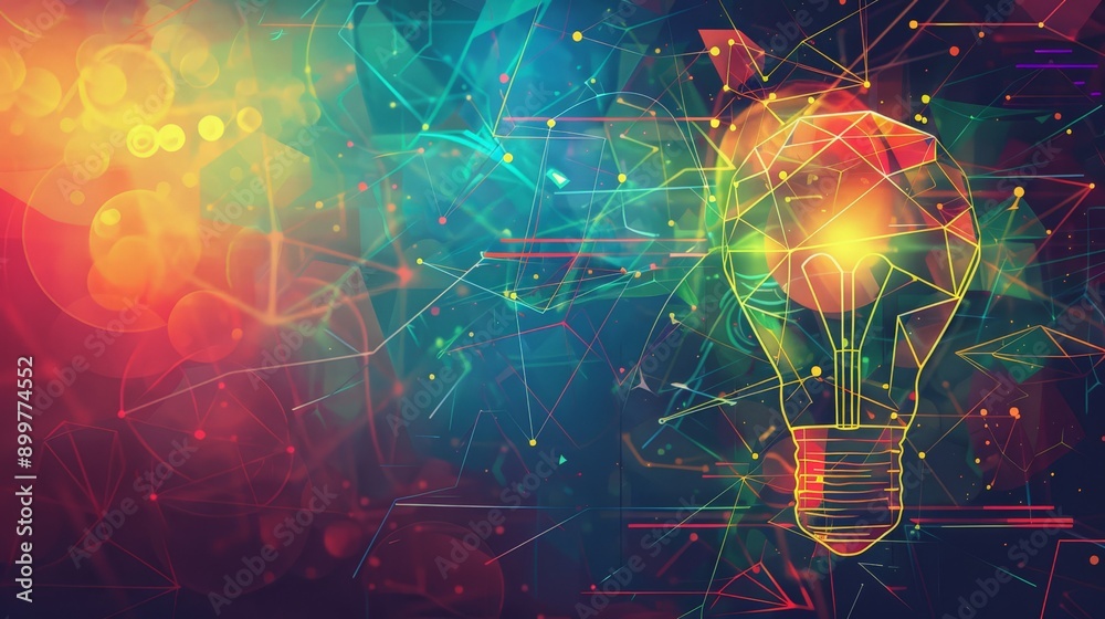 Poster colorful light bulb with geometric abstract background representing ideas and innovation. concept of