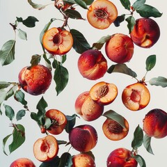 Peaches and half slices suspended in the air with green leaves, against a pure white background. Generative AI
