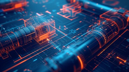 Obraz premium A futuristic machine rendered in a vibrant digital blueprint environment. This image highlights advanced technology and modern engineering, showcasing a high-tech industrial design with glowing lines