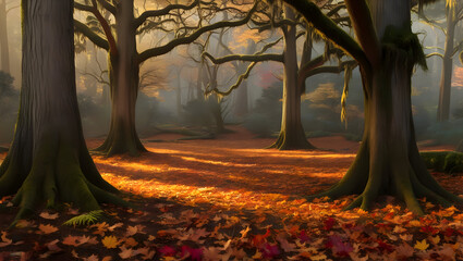 A tranquil forest glade with a carpet of autumn leaves