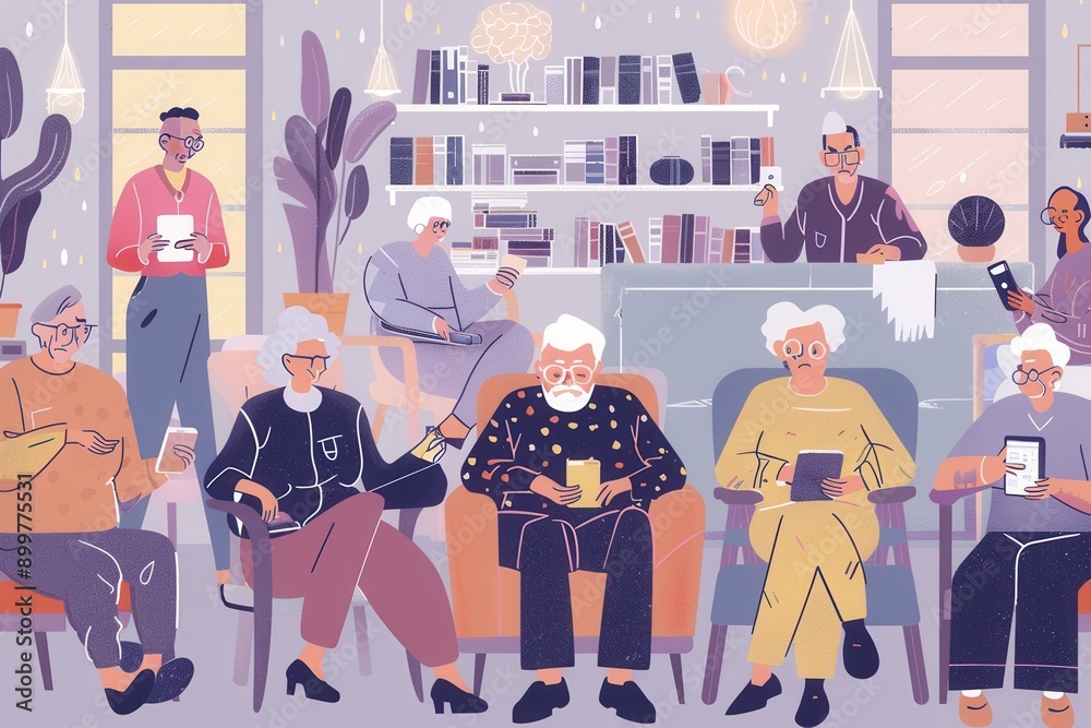 Fototapete a group of elderly individuals interact with their devices in a warm, inviting library filled with b