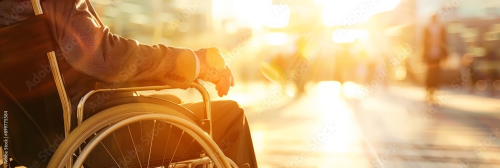 Poster person in a wheelchair in a busy urban environment with bright sunlight. accessibility and inclusion