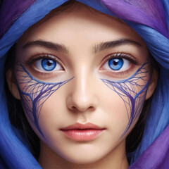 Futuristic Eye Art: Blue Tree Designs on Woman's Face