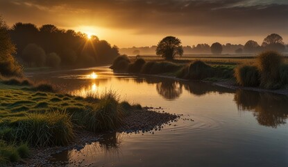 Naklejka premium Golden Sunrise Over Tranquil River