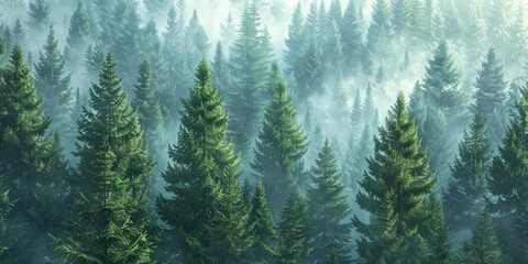 Obraz premium A view of a misty pine forest. AI generation.