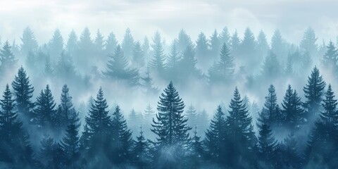 Obraz premium A view of a misty pine forest. AI generation.