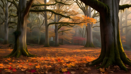 A tranquil forest glade with a carpet of autumn leaves