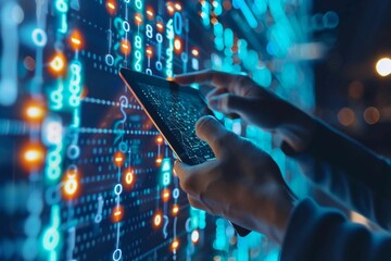 Blockchain technology  data encryption. Businessman using digital tablet with AI blockchain technology and data science  cloud computing  database management  innovative technology background .