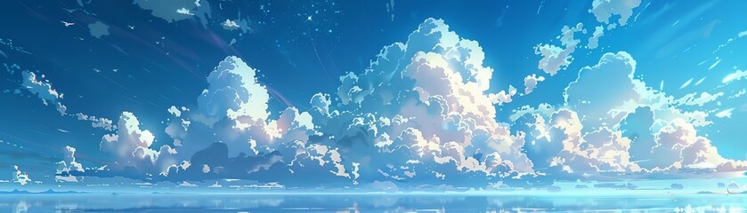 Stunning panoramic view of fluffy white clouds against a bright blue sky, reflecting beautifully on a calm water surface.